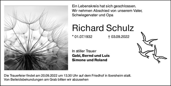 Traueranzeige von Richard Schulz von vrm-trauer Wormser Zeitung