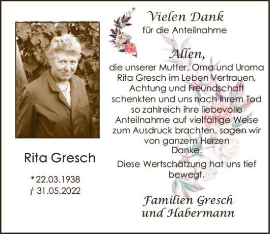 Traueranzeige von Rita Gresch von vrm-trauer Allgemeine  Zeitung Ingelheim-Bingen