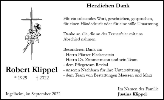 Traueranzeige von Robert Klippel von vrm-trauer Allgemeine  Zeitung Ingelheim-Bingen
