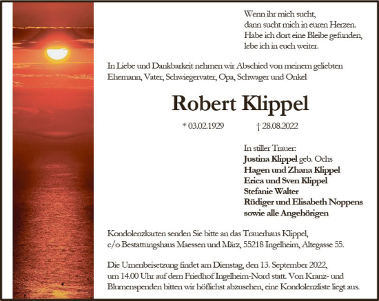 Traueranzeige von Robert Klippel von vrm-trauer Allgemeine  Zeitung Ingelheim-Bingen