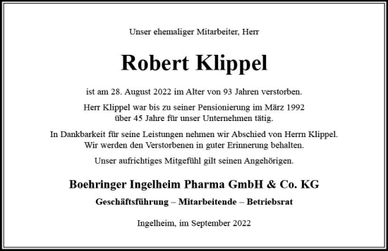 Traueranzeige von Robert Klippel von vrm-trauer Allgemeine  Zeitung Ingelheim-Bingen