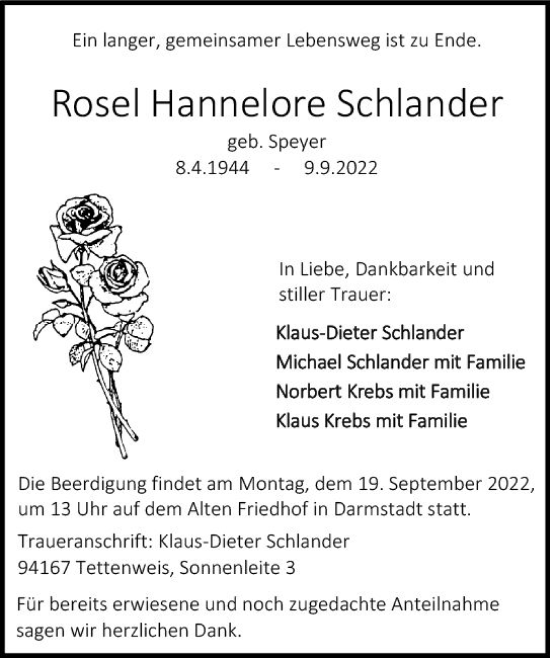 Traueranzeige von Rosel Hannelore Schlander von vrm-trauer Darmstädter Echo
