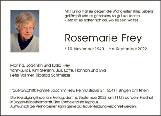 Traueranzeige von Rosemarie Frey von vrm-trauer Allgemeine  Zeitung Ingelheim-Bingen
