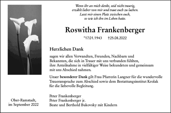 Traueranzeige von Roswitha Frankenberger von vrm-trauer Darmstädter Echo