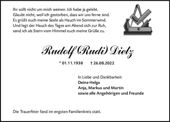 Traueranzeige von Rudolf Dietz von vrm-trauer Wormser Zeitung