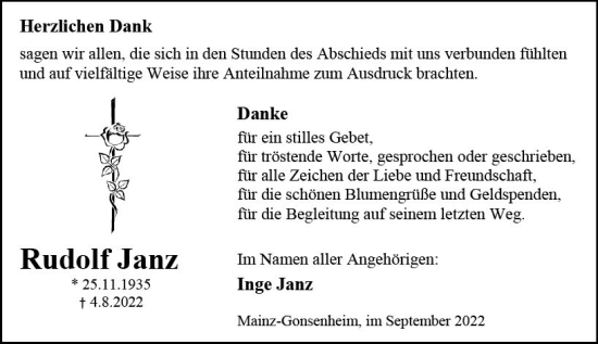 Traueranzeige von Rudolf Janz von vrm-trauer AZ Mainz