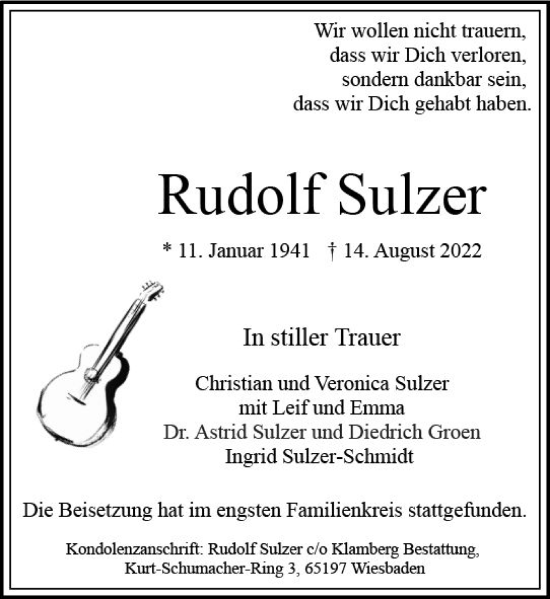 Traueranzeige von Rudolf Sulzer von vrm-trauer Wiesbadener Kurier