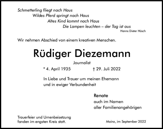 Traueranzeige von Rüdiger Diezemann von vrm-trauer AZ Mainz