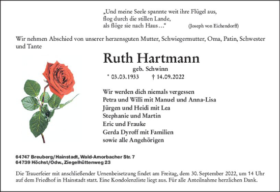 Traueranzeige von Ruth Hartmann von vrm-trauer Odenwälder Echo