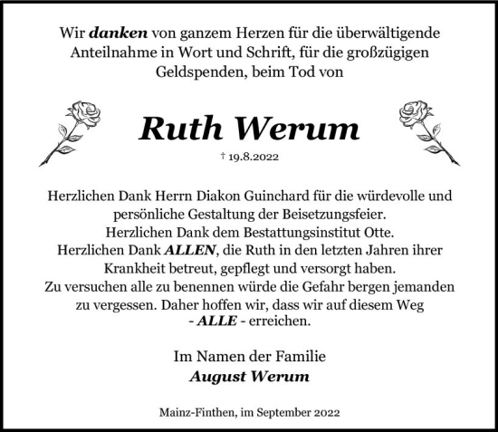 Traueranzeige von Ruth Werum von vrm-trauer AZ Mainz
