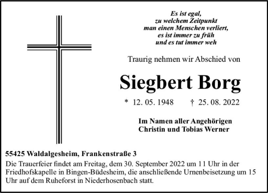 Traueranzeige von Siegbert Borg von vrm-trauer Allgemeine  Zeitung Ingelheim-Bingen