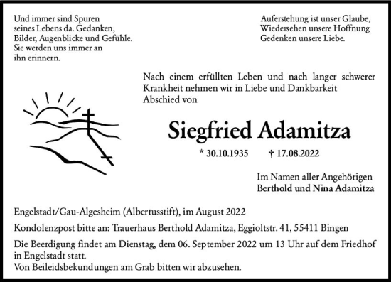 Traueranzeige von Siegfried Adamitza von vrm-trauer Allgemeine  Zeitung Ingelheim-Bingen