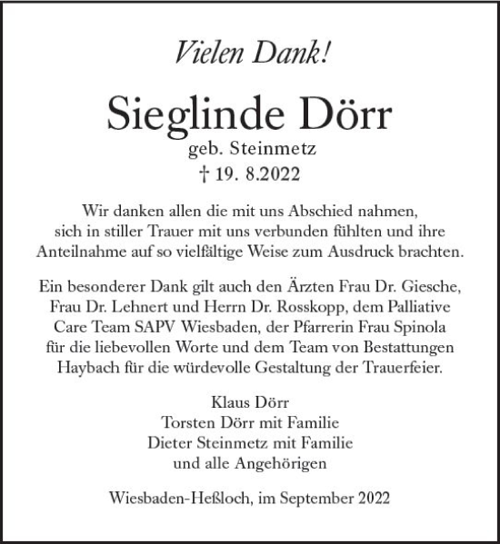Traueranzeige von Sieglinde Dörr von vrm-trauer Wiesbadener Kurier