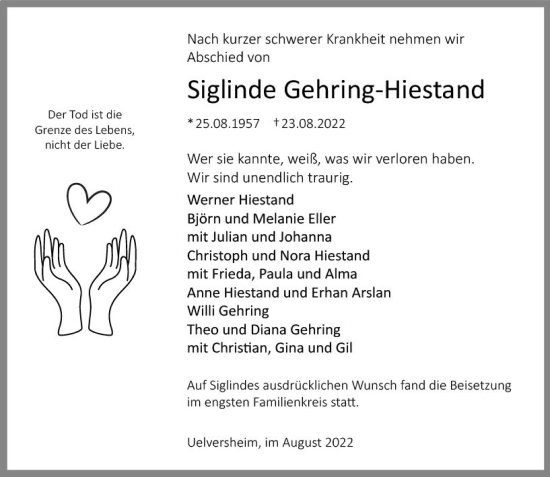 Traueranzeige von Siglinde Gehring-Hiestand von vrm-trauer AZ Mainz