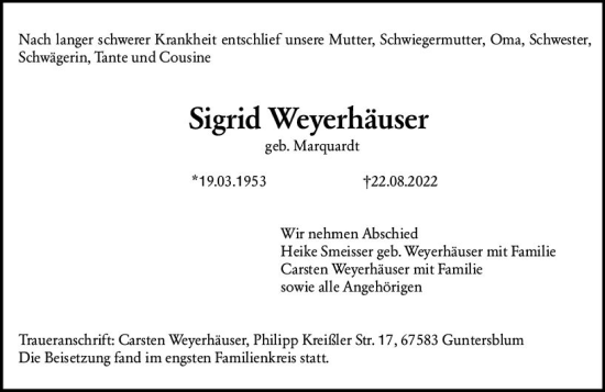 Traueranzeige von Sigrid Weyerhäuser von vrm-trauer AZ Mainz
