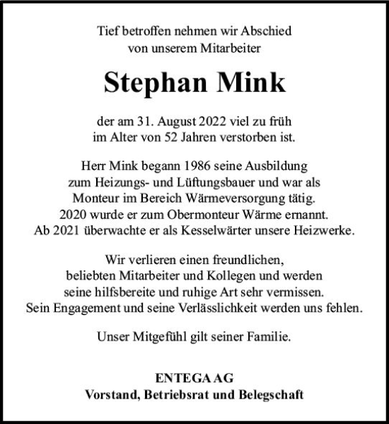 Traueranzeige von Stephan Mink von vrm-trauer Odenwälder Echo