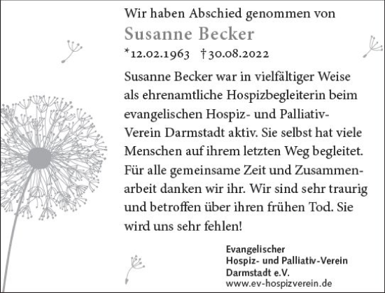 Traueranzeige von Susanne Becker von vrm-trauer Darmstädter Echo