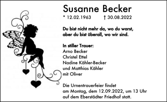 Traueranzeige von Susanne Becker von vrm-trauer Darmstädter Echo