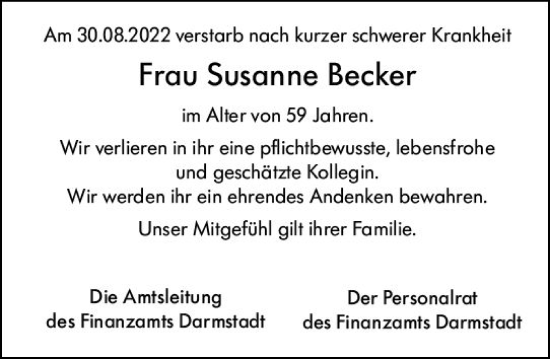 Traueranzeige von Susanne Becker von vrm-trauer Darmstädter Echo
