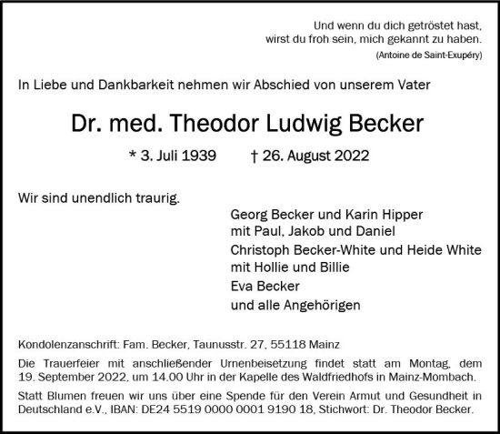 Traueranzeige von Theodor Ludwig Becker von vrm-trauer Allg. Zeitung Bad Kreuznach