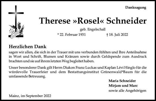 Traueranzeige von Therese Schneider von vrm-trauer AZ Mainz