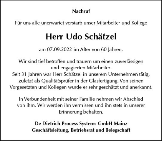 Traueranzeige von Udo Schätzel von vrm-trauer AZ Mainz