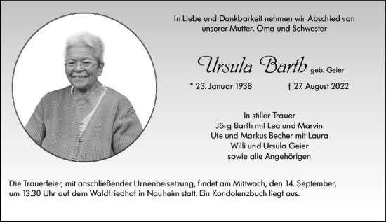 Traueranzeige von Ursula Barth von vrm-trauer Rüsselsheimer Echo / MainSpitze