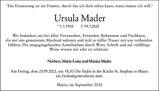 Traueranzeige von Ursula Mader von vrm-trauer AZ Mainz