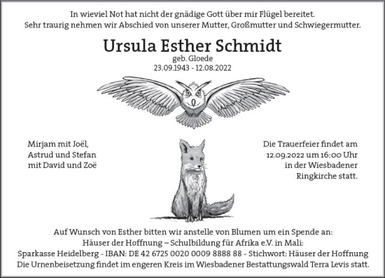 Traueranzeige von Ursula Esther Schmidt von vrm-trauer Wiesbadener Kurier