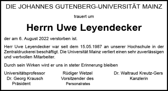 Traueranzeige von Uwe Leyendecker von vrm-trauer AZ Mainz