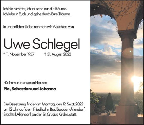 Traueranzeige von Uwe Schlegel von vrm-trauer Darmstädter Echo