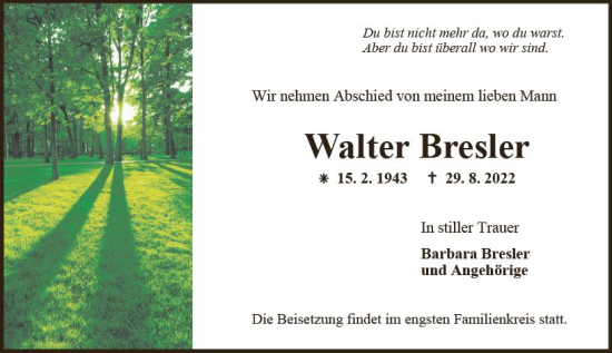 Traueranzeige von Walter Bresler von vrm-trauer AZ Mainz
