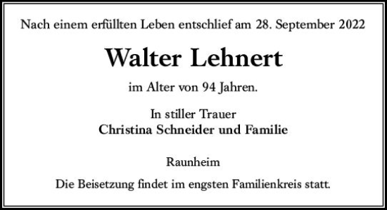 Traueranzeige von Walter Lehnert von vrm-trauer Rüsselsheimer Echo / MainSpitze