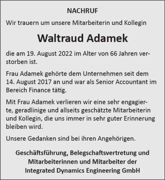 Traueranzeige von Waltraud Adamek von vrm-trauer Darmstädter Echo