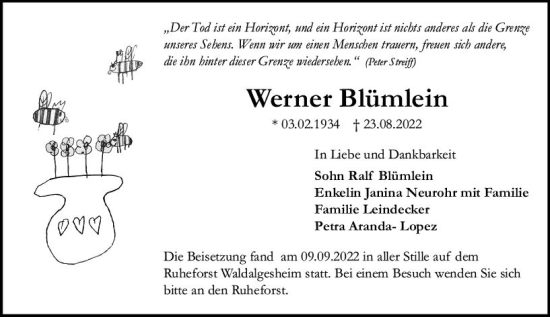 Traueranzeige von Werner Blümlein von vrm-trauer Allgemeine  Zeitung Ingelheim-Bingen