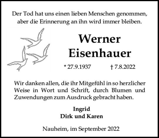 Traueranzeige von Werner Eisenhauer von vrm-trauer Rüsselsheimer Echo / MainSpitze
