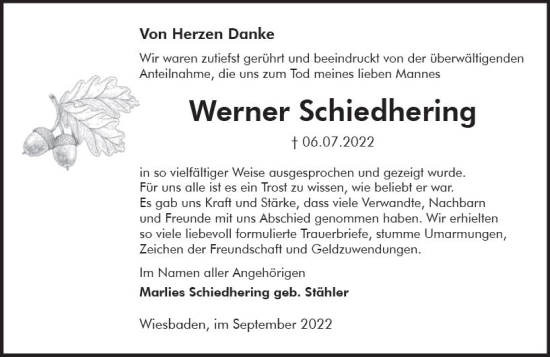 Traueranzeige von Werner Schiedhering von vrm-trauer Wiesbadener Kurier