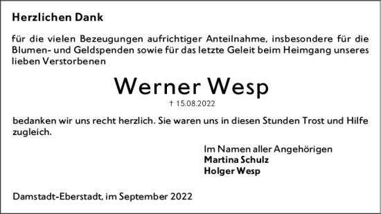 Traueranzeige von Werner Wesp von vrm-trauer Darmstädter Echo