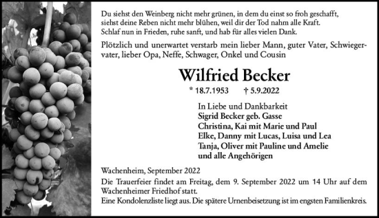 Traueranzeige von Wilfried Becker von vrm-trauer Wormser Zeitung