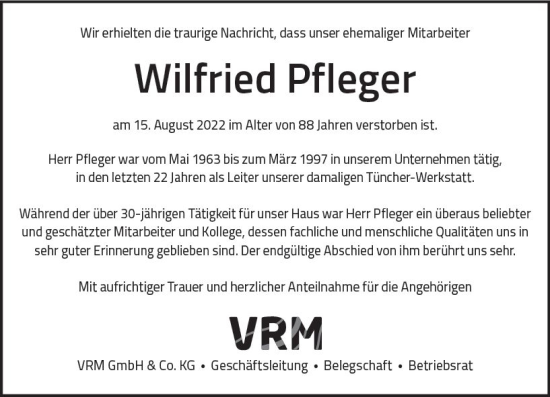 Traueranzeige von Wilfried Pfleger von vrm-trauer AZ Mainz