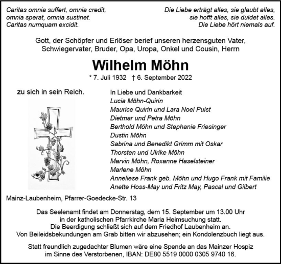 Traueranzeige von Wilhelm Möhn von vrm-trauer AZ Mainz