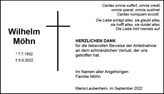 Traueranzeige von Wilhelm Möhn von vrm-trauer AZ Mainz