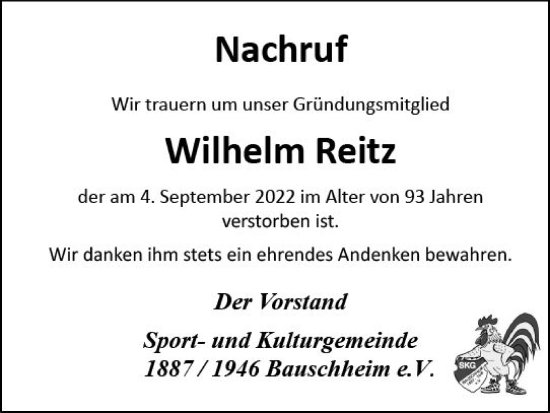 Traueranzeige von Wilhelm Reitz von vrm-trauer Rüsselsheimer Echo / MainSpitze