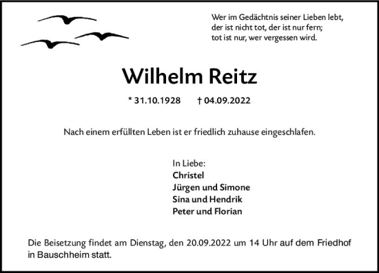 Traueranzeige von Wilhelm Reitz von vrm-trauer Rüsselsheimer Echo / MainSpitze