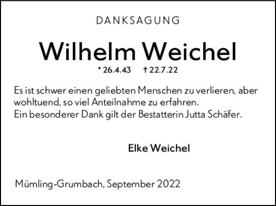 Traueranzeige von Wilhelm Weichel von vrm-trauer Odenwälder Echo