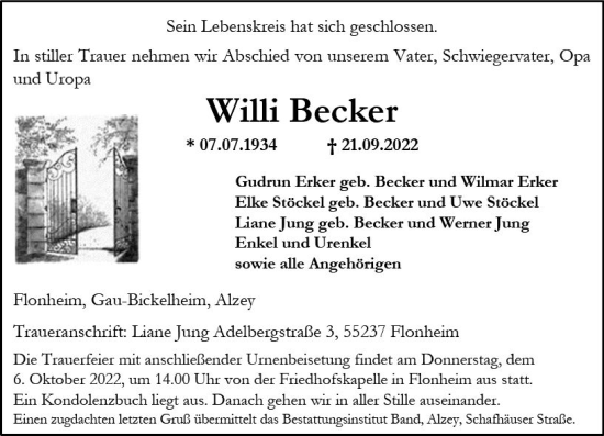 Traueranzeige von Willi Becker von vrm-trauer Allgemeine Zeitung Alzey