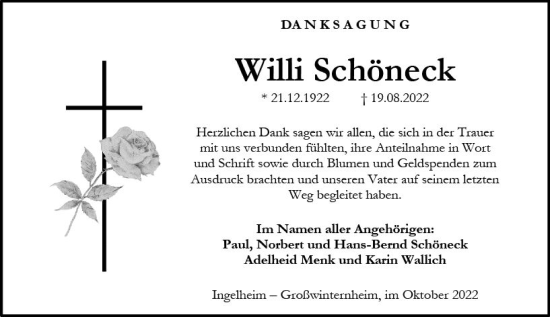 Traueranzeige von Willi Schöneck von vrm-trauer Allgemeine  Zeitung Ingelheim-Bingen