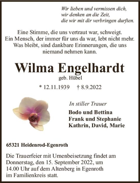Traueranzeige von Wilma Engelhardt von vrm-trauer WK-UTA