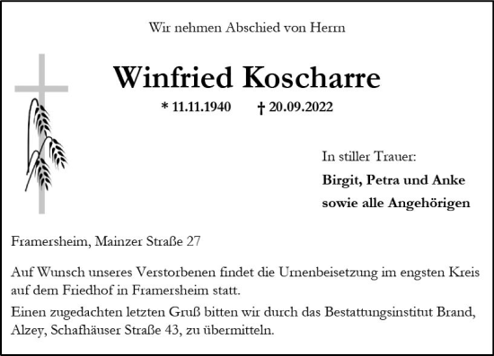 Traueranzeige von Winfried Koscharre von vrm-trauer Allgemeine Zeitung Alzey