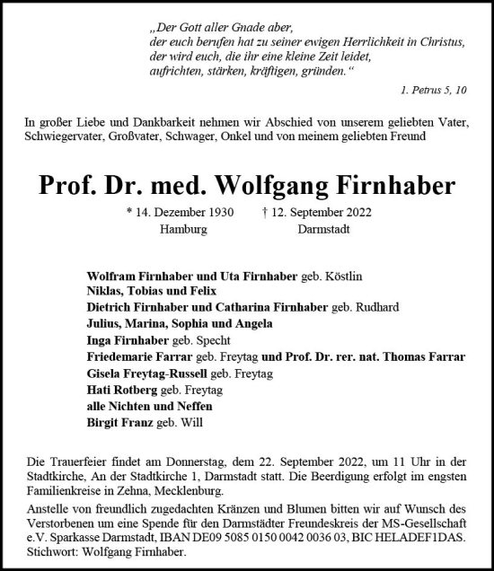 Traueranzeige von Wolfgang Firnhaber von vrm-trauer Darmstädter Echo